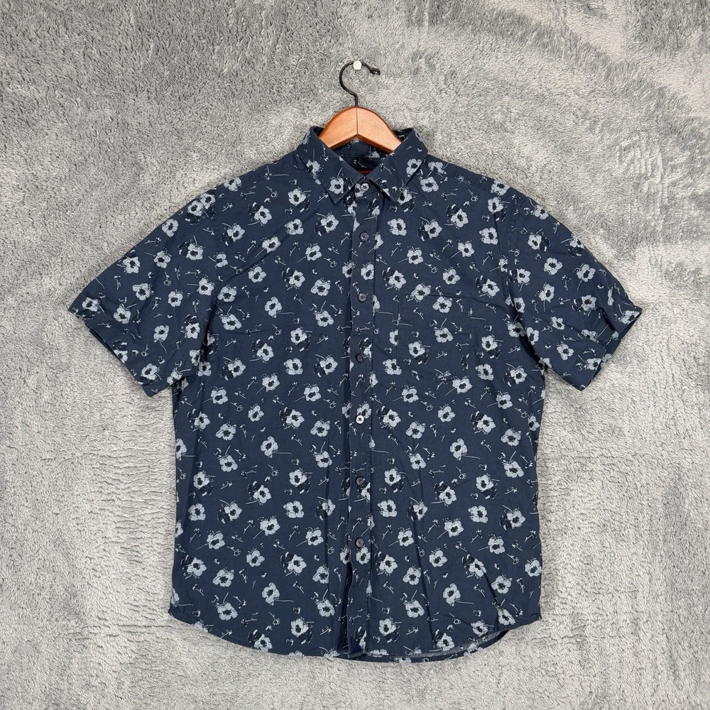 UNTUCKit Coolidge Shirt Mens M Blue 100% Cotton Floral Short Sleeve Button Up‎